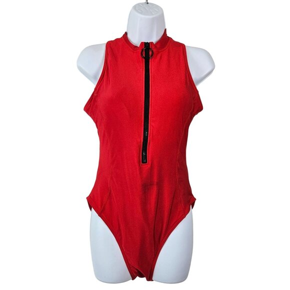 Charmo Womens High Neck Zipper Full Coverage One Piece Swimsuit Size Medium Red - Picture 4 of 11